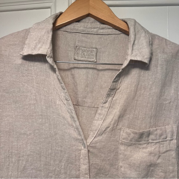 Sigrid Olsen Linen Button Front Tunic Top Beige Long Sleeve Pocket Large Collar - Picture 2 of 4